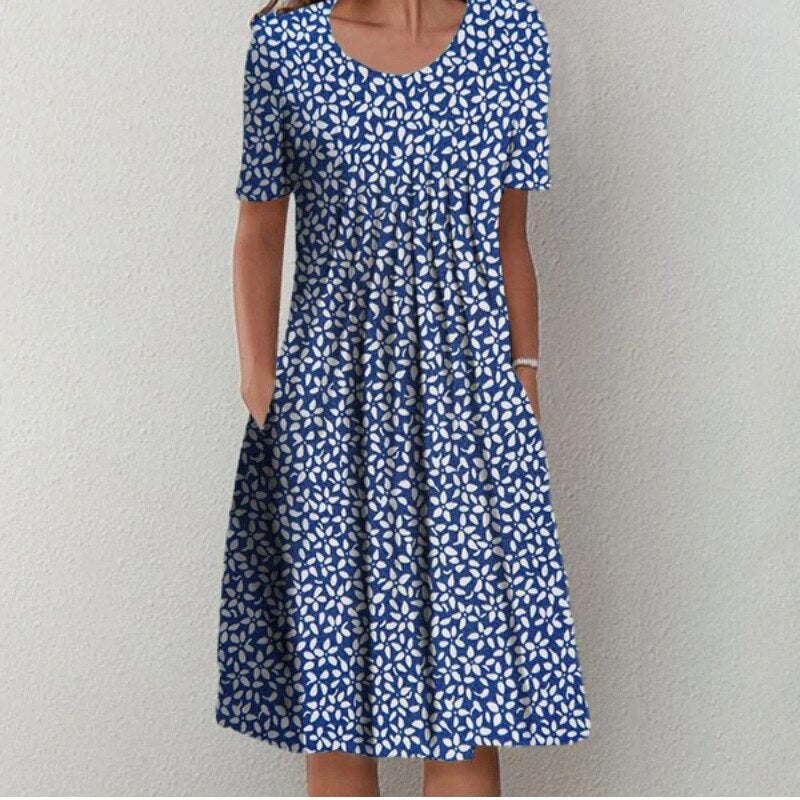 Robe longue d'été fleurie, coupe évasée, à poches, bleu à fleurs