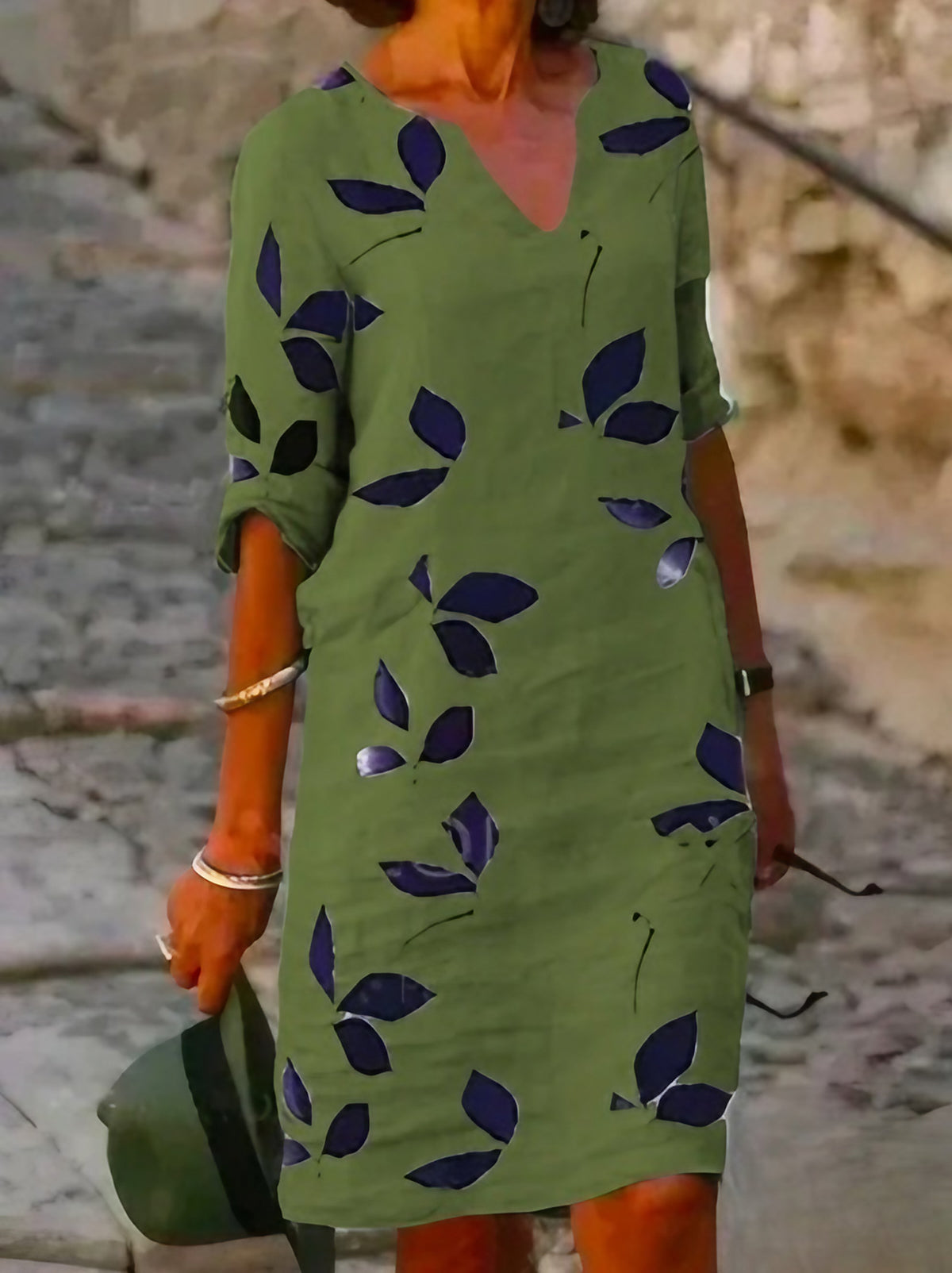 Robe d'été mi-longue fleurie à manches 3/4, du S au 3XL, vert