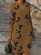 Robe d'été mi-longue fleurie à manches 3/4, du S au 3XL, marron