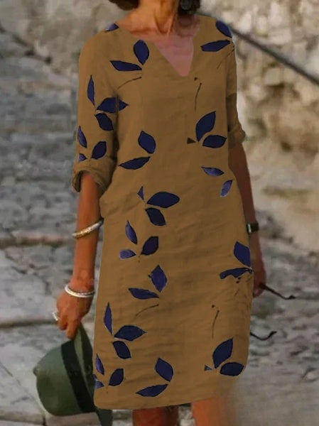 Robe d'été mi-longue fleurie à manches 3/4, du S au 3XL, marron