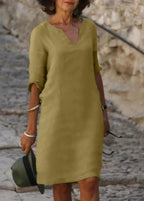 Robe d'été ample à col V et manches 3/4, treize coloris, kaki