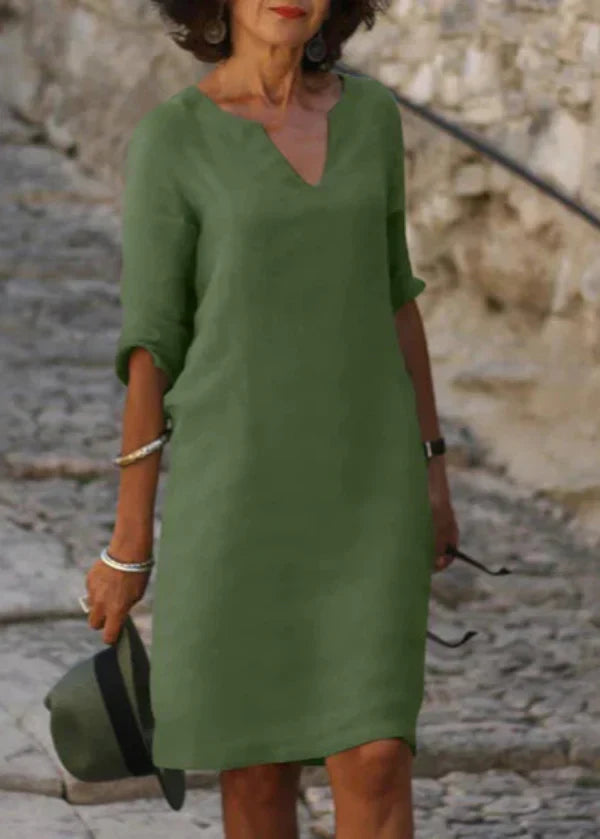 Robe d'été ample à col V et manches 3/4, treize coloris, vert armée