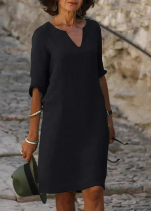 Robe d'été ample à col V et manches 3/4, treize coloris, noir