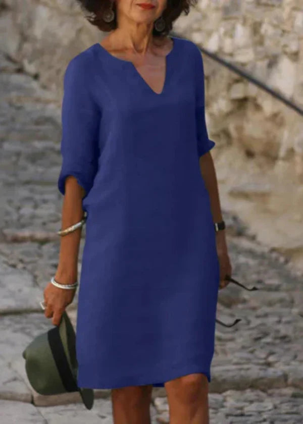 Robe d'été ample à col V et manches 3/4, treize coloris, bleu foncé