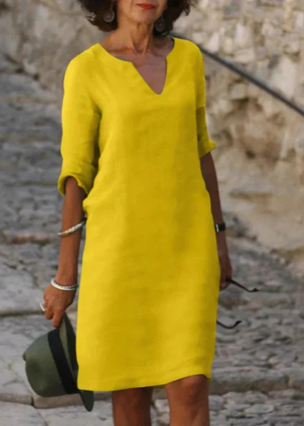 Robe d'été ample à col V et manches 3/4, treize coloris, jaune