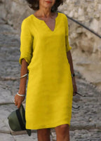 Robe d'été ample à col V et manches 3/4, treize coloris, jaune