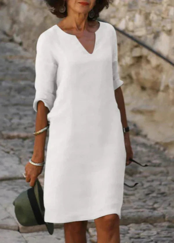 Robe d'été ample à col V et manches 3/4, treize coloris, blanc