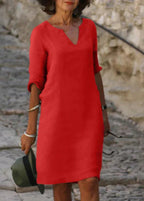Robe d'été ample à col V et manches 3/4, treize coloris, rouge