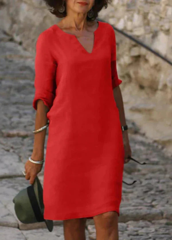 Robe d'été ample à col V et manches 3/4, treize coloris, rouge