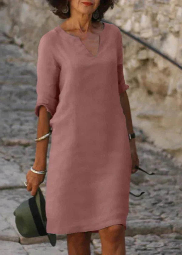 Robe d'été ample à col V et manches 3/4, treize coloris, rose