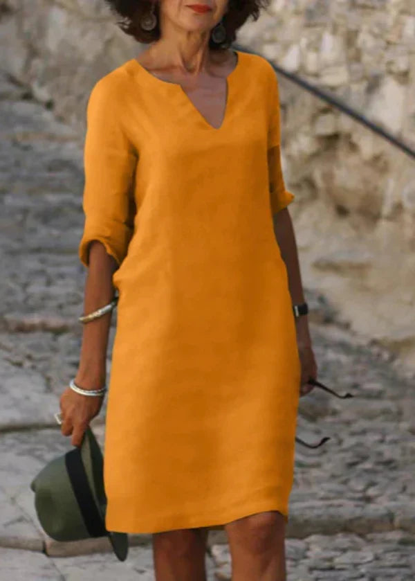 Robe d'été ample à col V et manches 3/4, treize coloris, orange