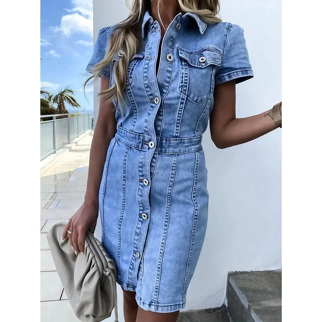 Robe en jean évasée boutonnée, denim bleu, du S au XL, bleu
