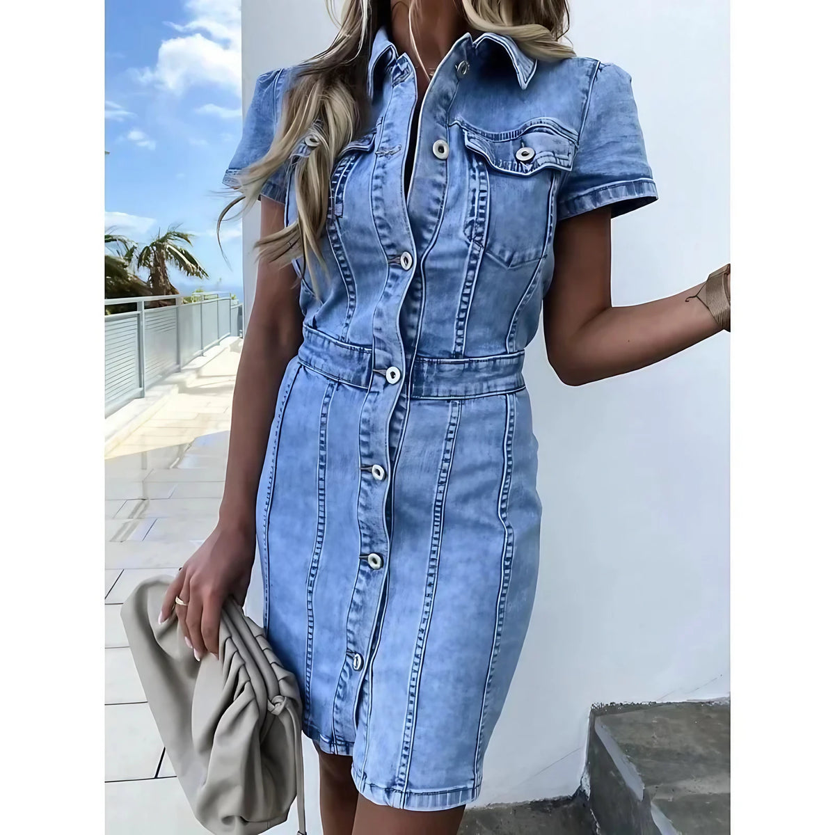 Robe en jean évasée boutonnée, denim bleu, du S au XL, bleu
