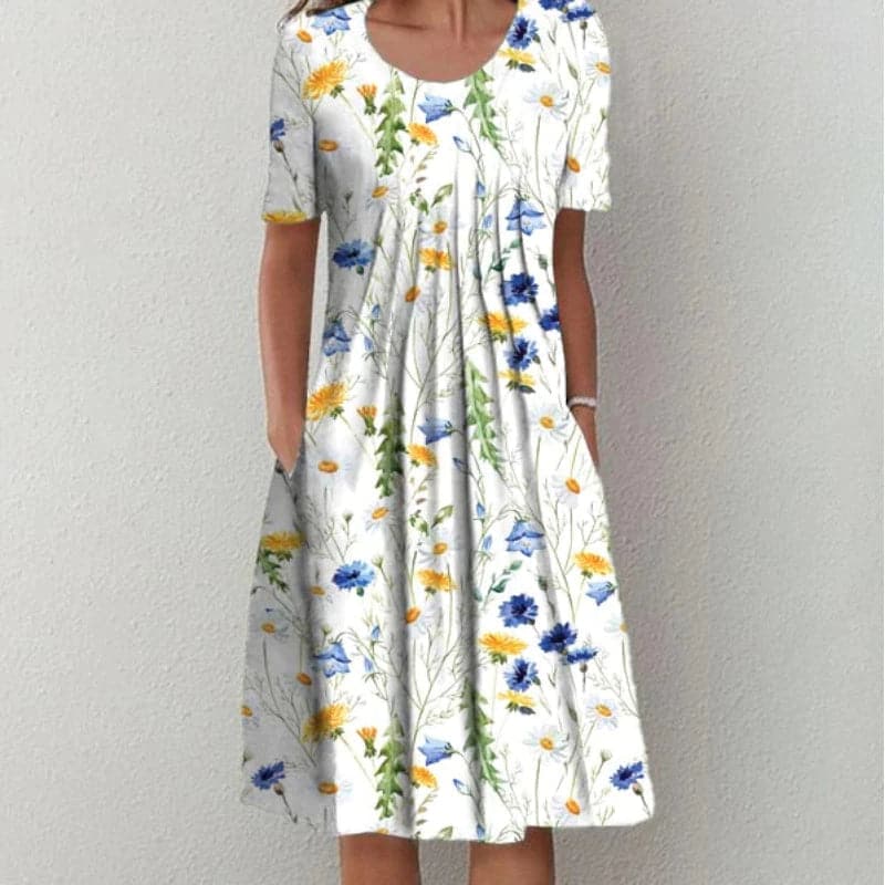 Robe midi évasée fleurie à manches courtes, du XS au 3XL, blanc et bleu
