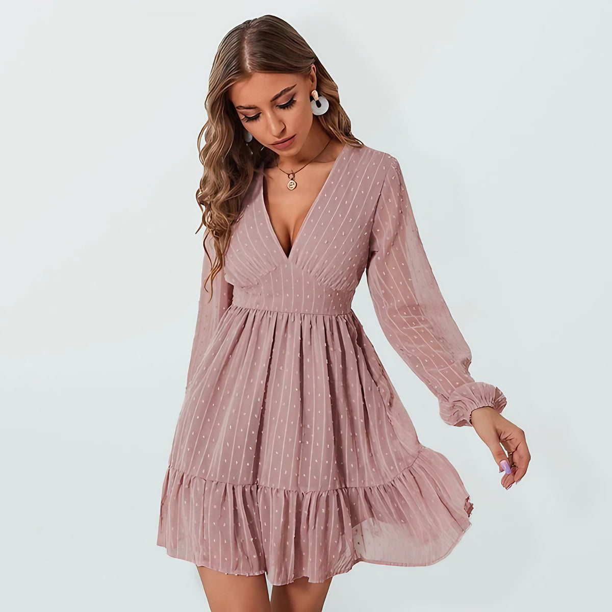 Robe à pois femme évasée, manches longues voilées, rose