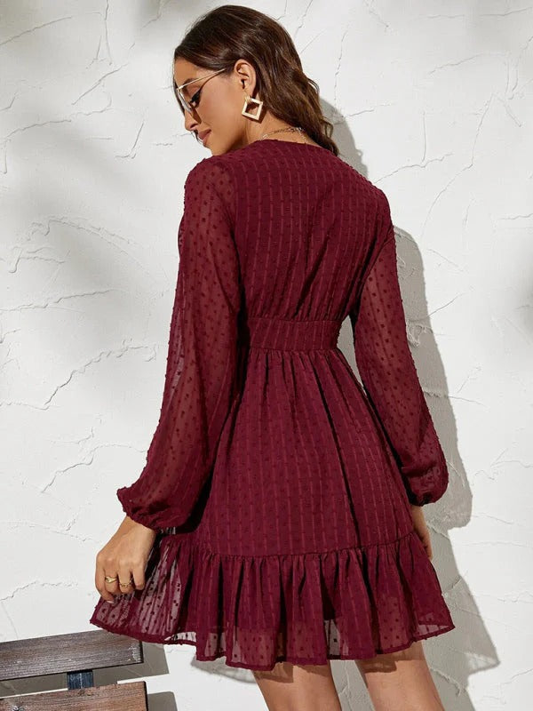 Robe à pois femme évasée, manches longues voilées