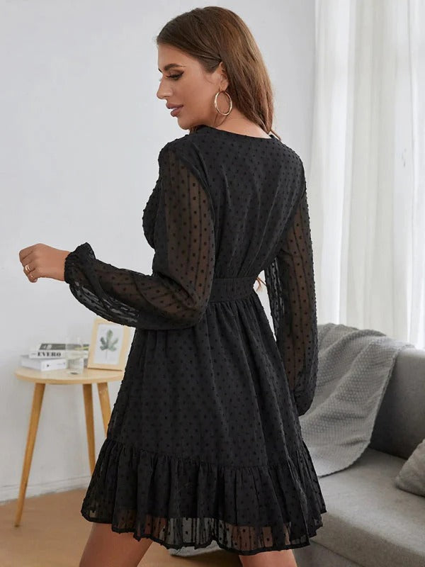 Robe à pois femme évasée, manches longues voilées