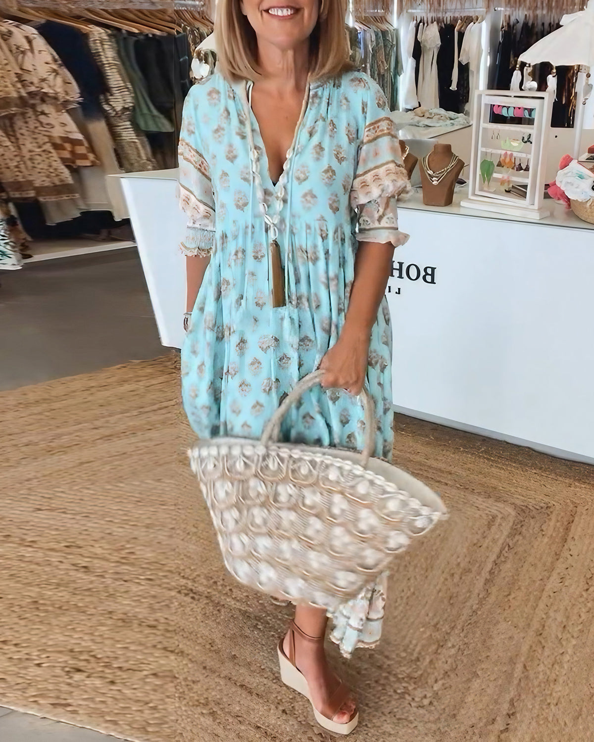 Robe imprimée femme col V, manches mi-longues, coupe fluide