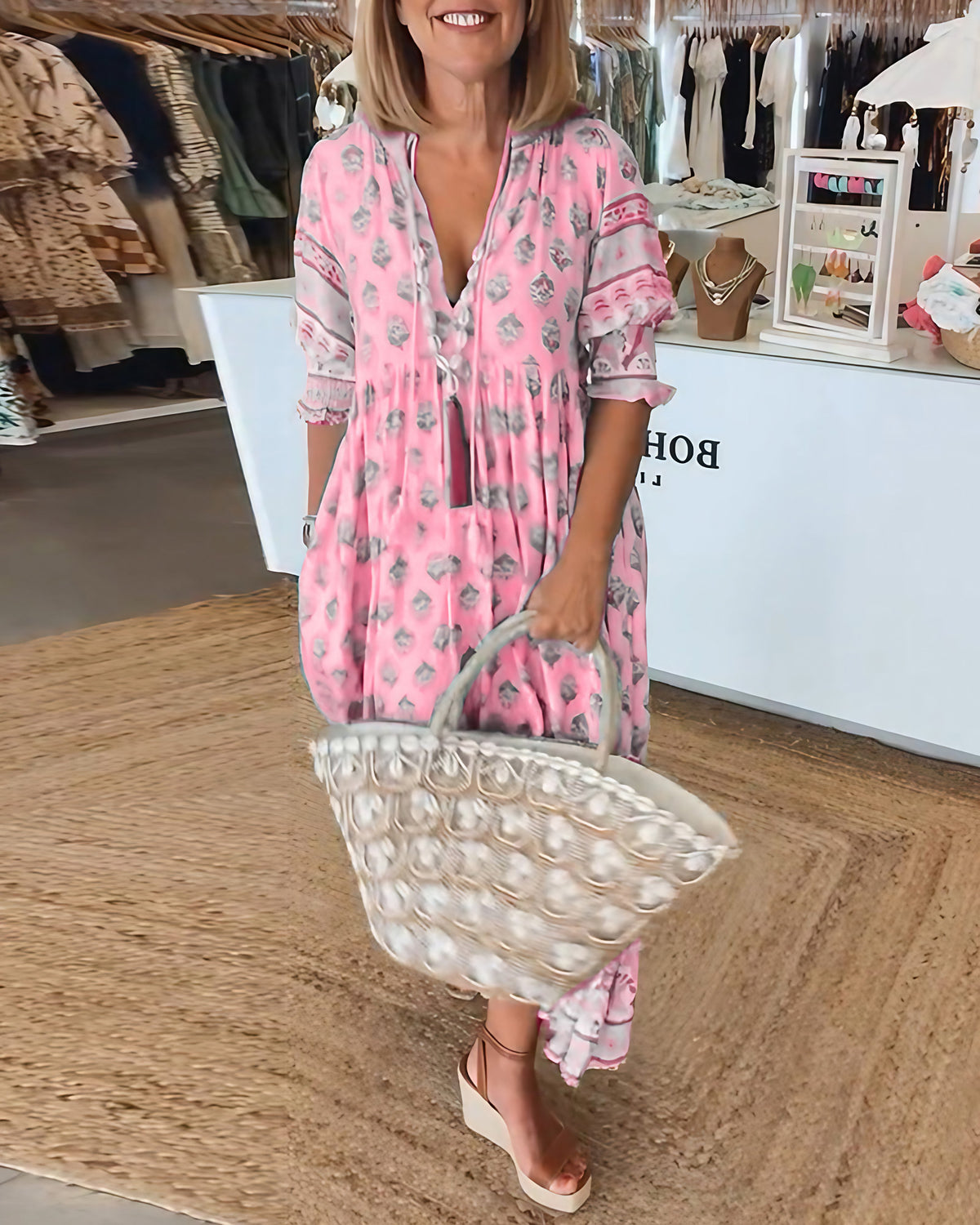 Robe imprimée femme col V, manches mi-longues, coupe fluide, rose