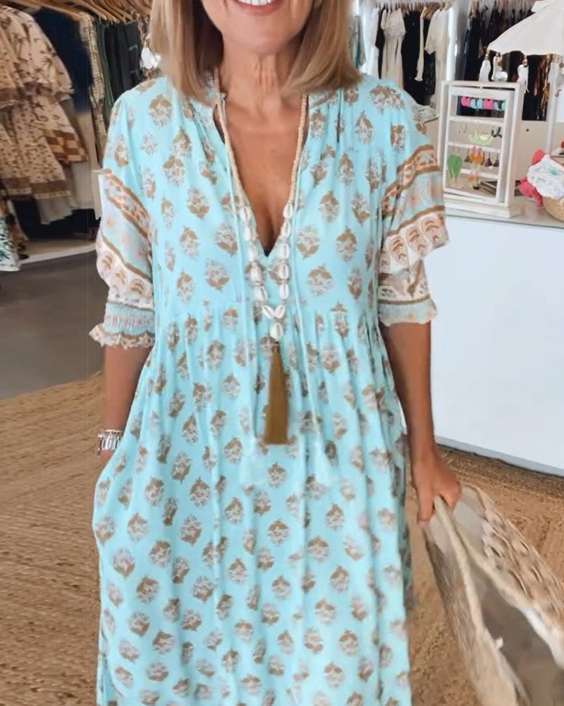 Robe imprimée femme col V, manches mi-longues, coupe fluide
