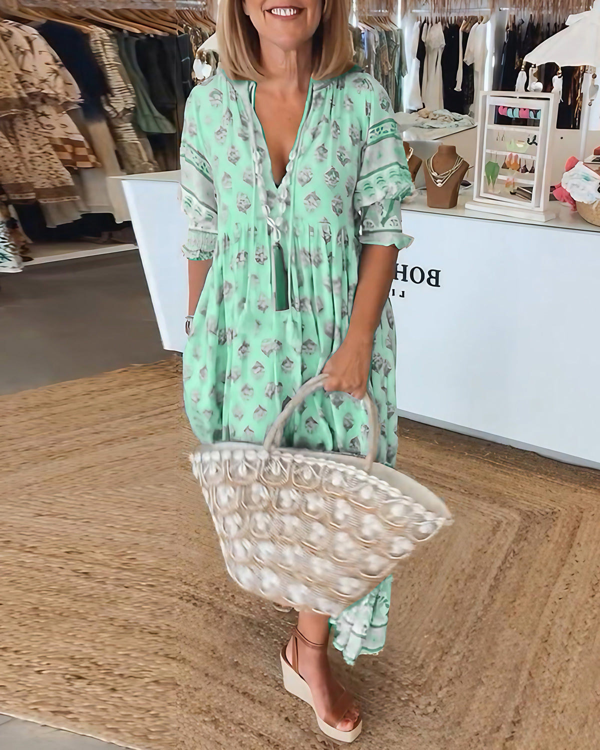 Robe imprimée femme col V, manches mi-longues, coupe fluide, vert