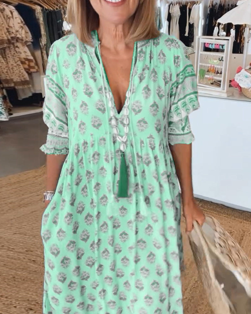 Robe imprimée femme col V, manches mi-longues, coupe fluide