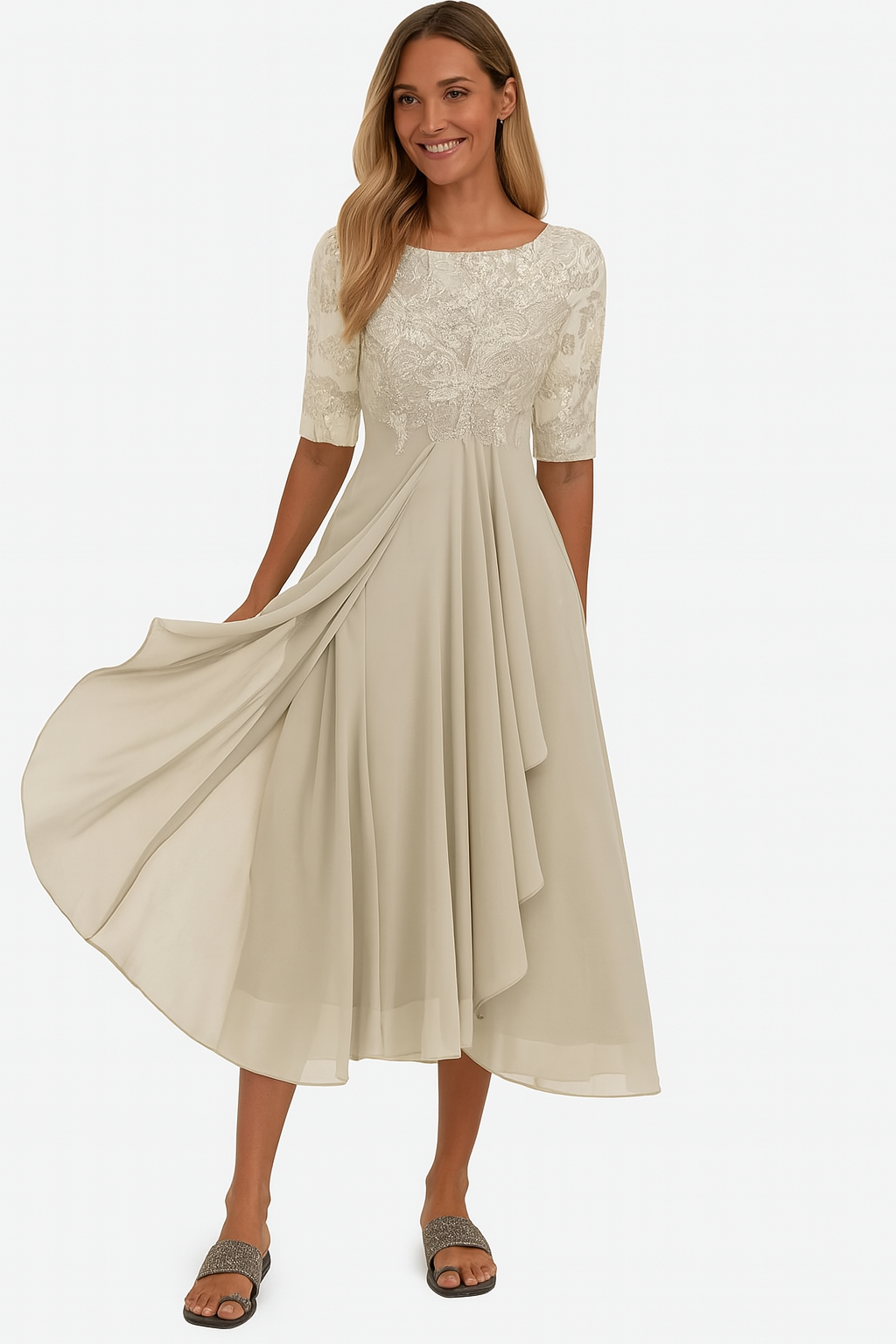 Robe trapèze mi-longue femme à manches courtes, six coloris, jaune clair