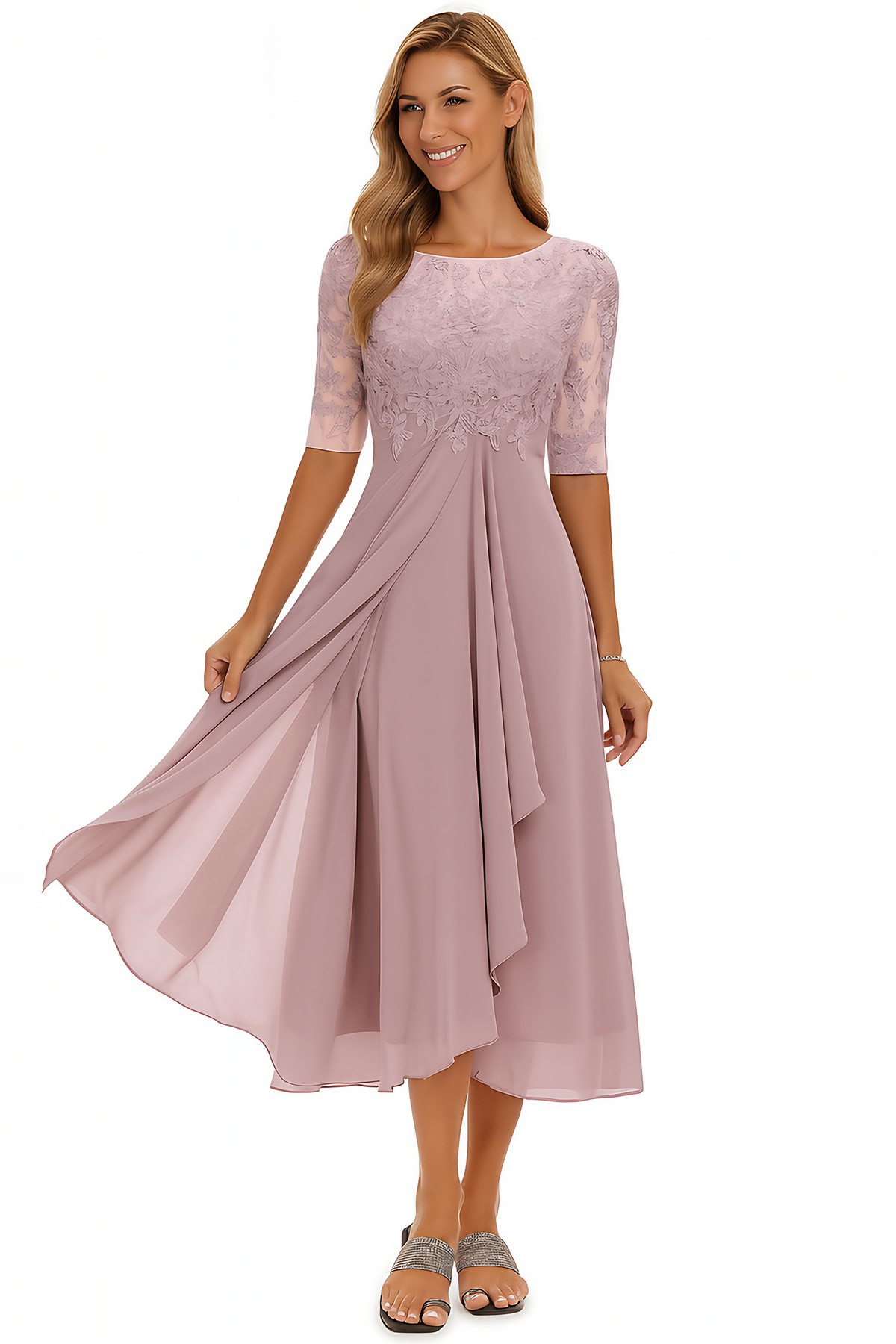 Robe trapèze mi-longue femme à manches courtes, six coloris, rose