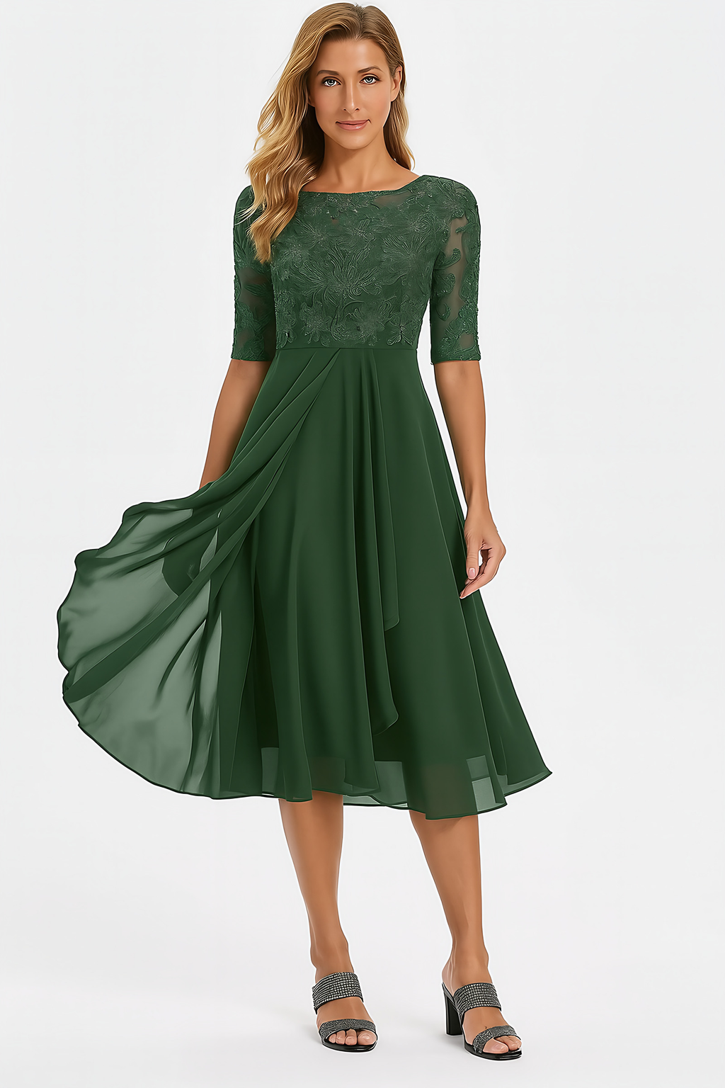 Robe trapèze mi-longue femme à manches courtes, six coloris, vert
