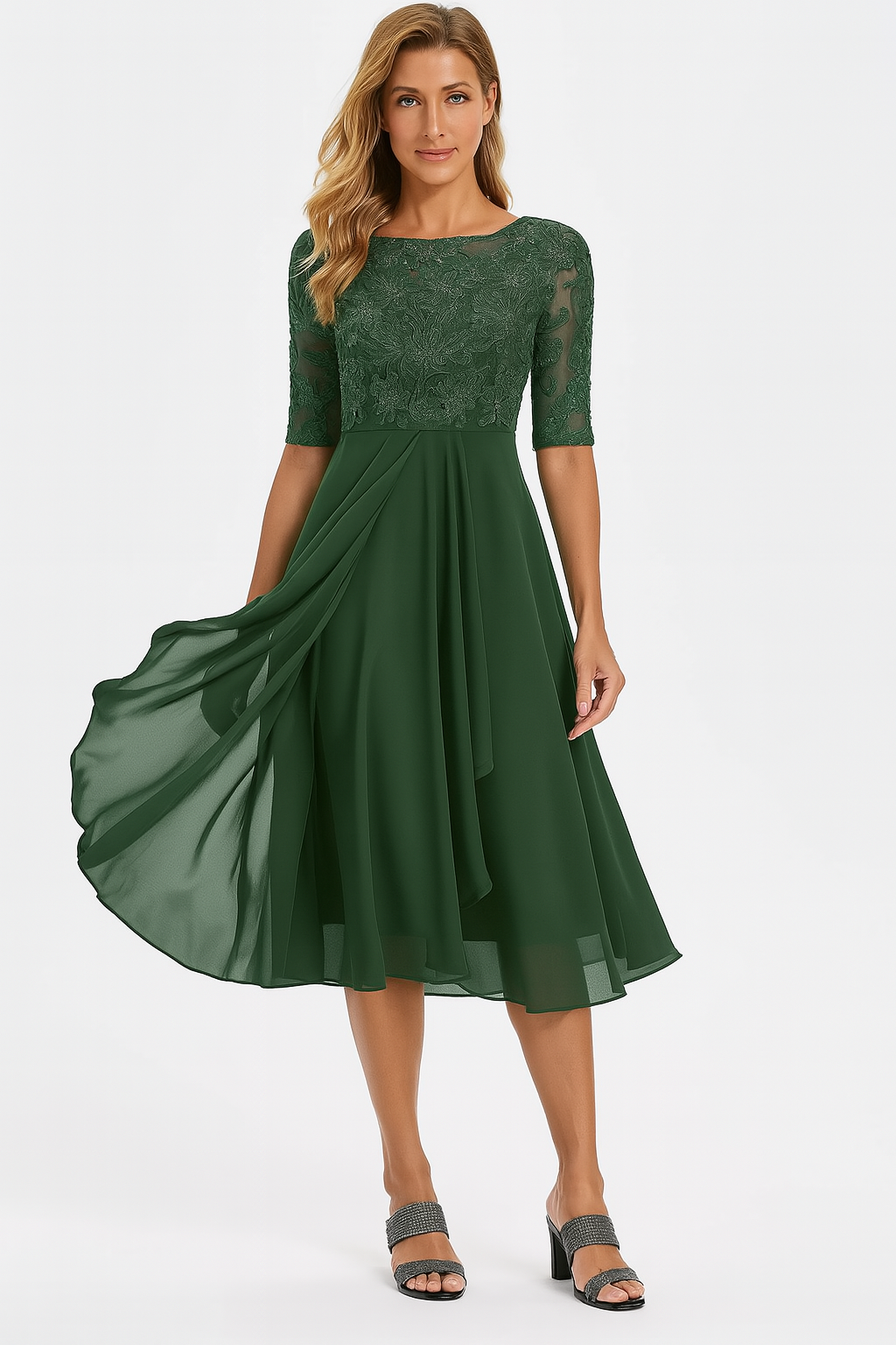 Robe trapèze mi-longue femme à manches courtes, six coloris, vert