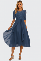 Robe trapèze mi-longue femme à manches courtes, six coloris, bleu