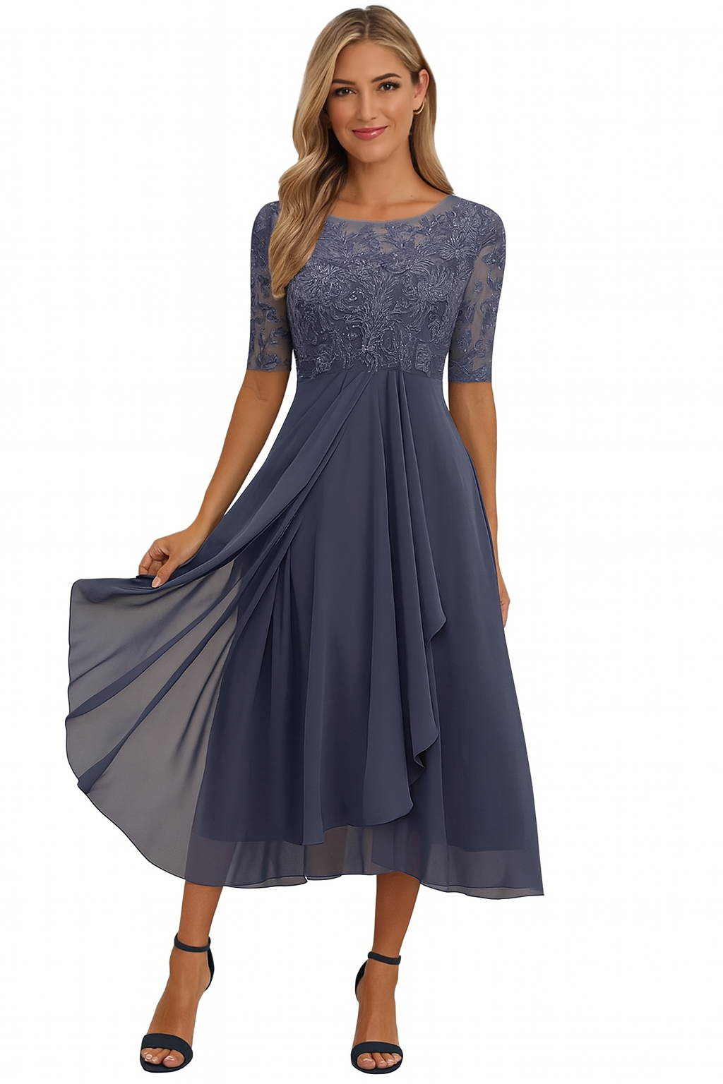 Robe trapèze mi-longue femme à manches courtes, six coloris, lilas