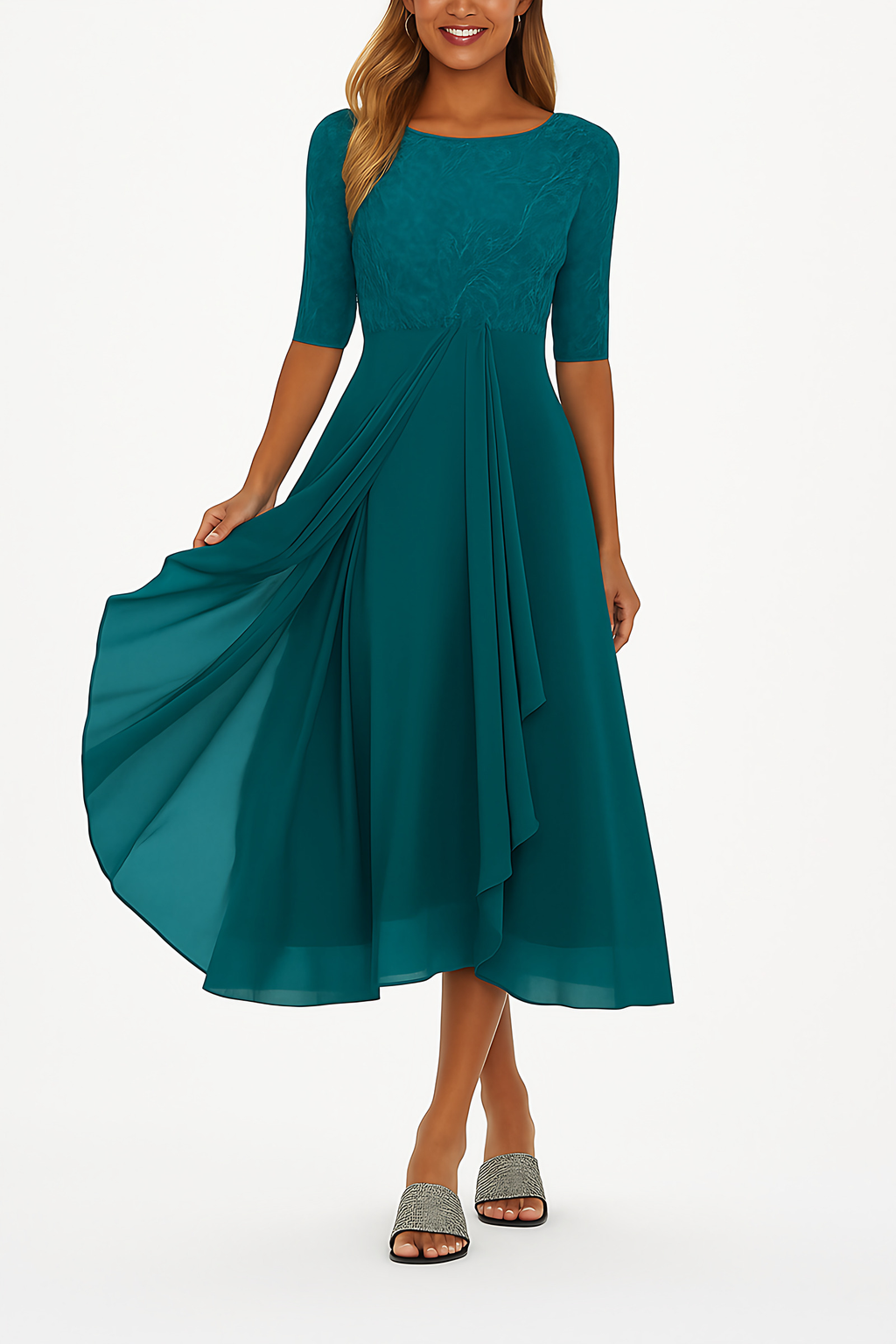 Robe trapèze mi-longue femme à manches courtes, six coloris, vert foncé