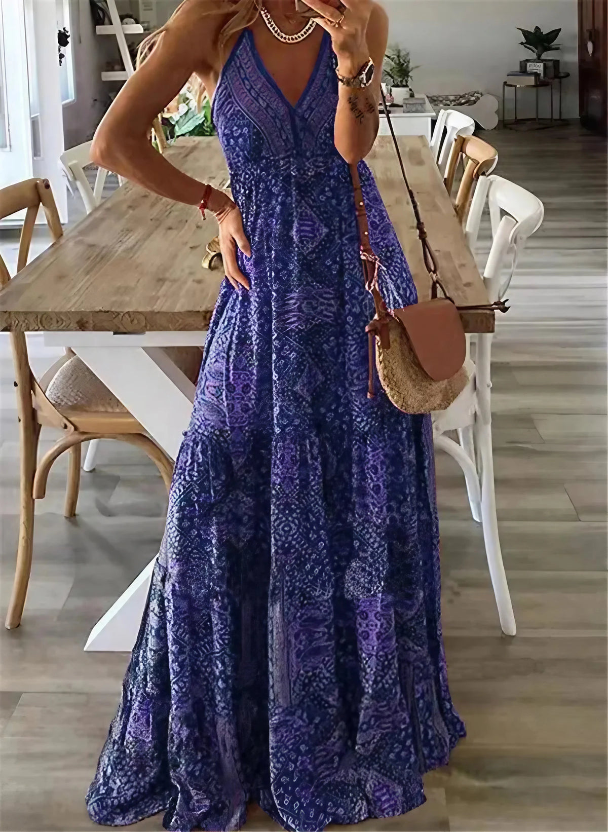 Robe fleurie bohème taille haute femme, manches courtes, bleu