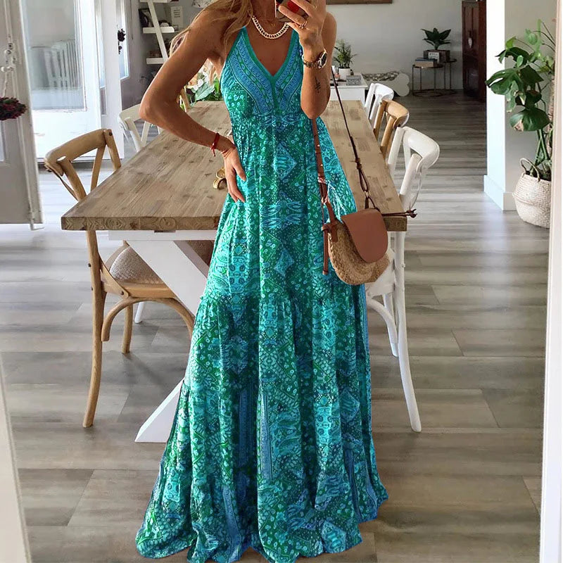 Robe fleurie bohème taille haute femme, manches courtes, vert