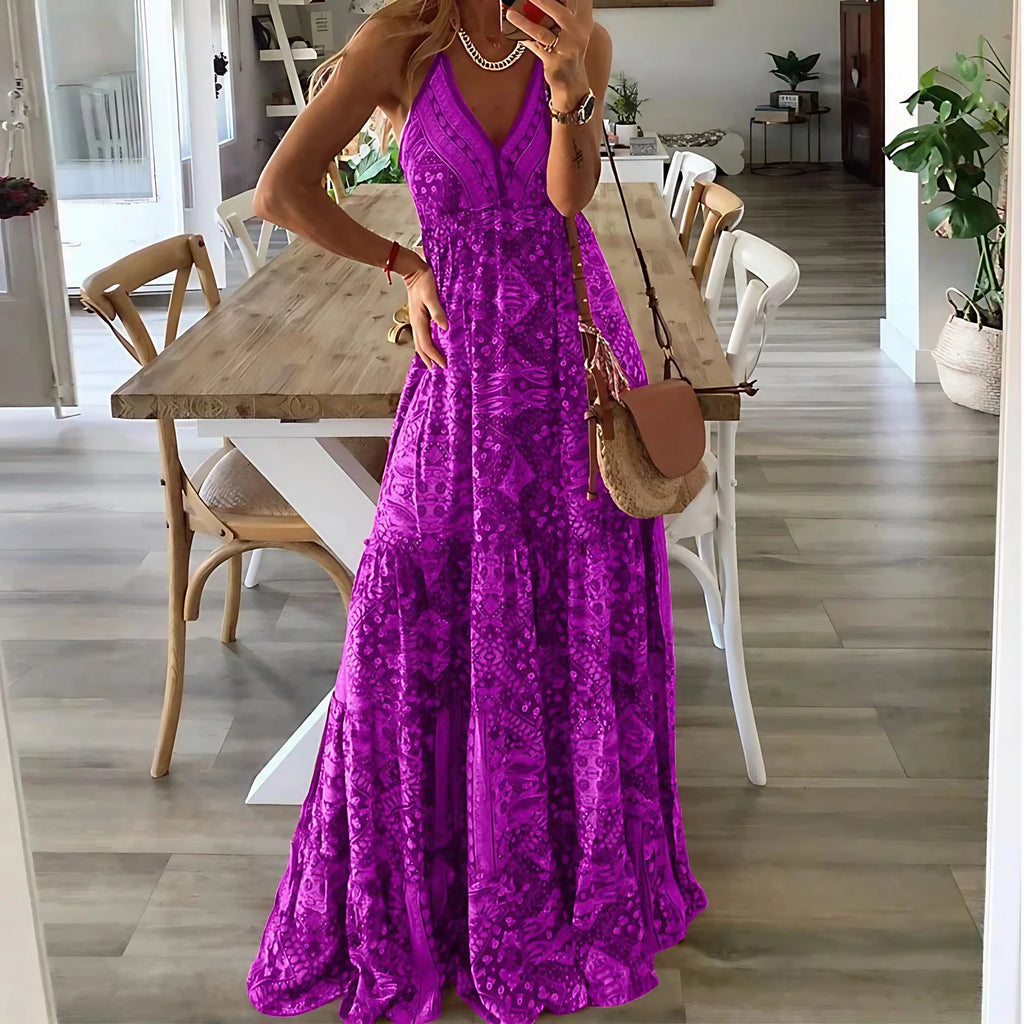 Robe fleurie bohème taille haute femme, manches courtes, pourpre