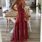 Robe fleurie bohème taille haute femme, manches courtes, rouge