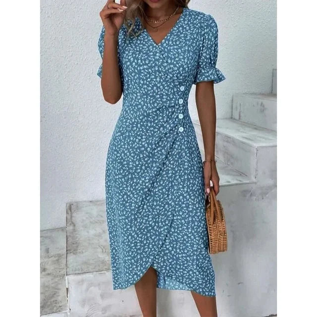 Robe fleurie femme à coupe ajustée, avec ou sans manches longues, bleu