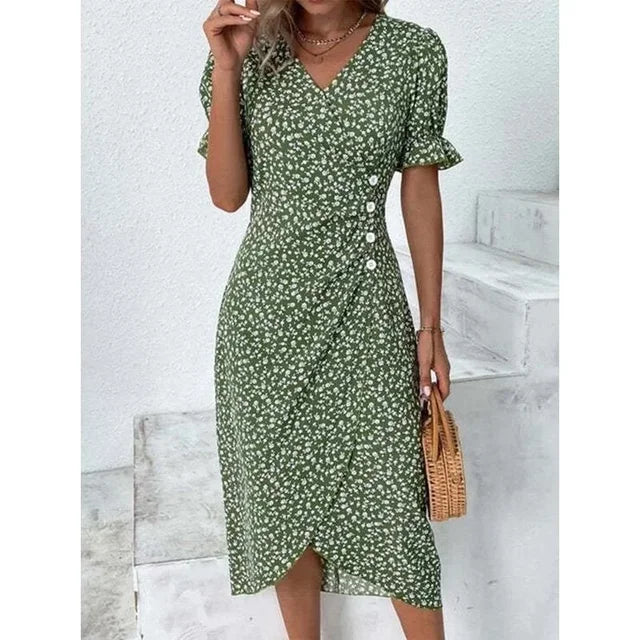 Robe fleurie femme à coupe ajustée, avec ou sans manches longues, vert