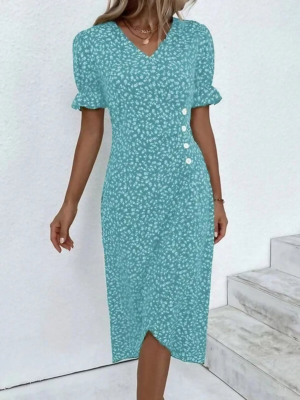Robe fleurie femme à coupe ajustée, avec ou sans manches longues, bleu clair