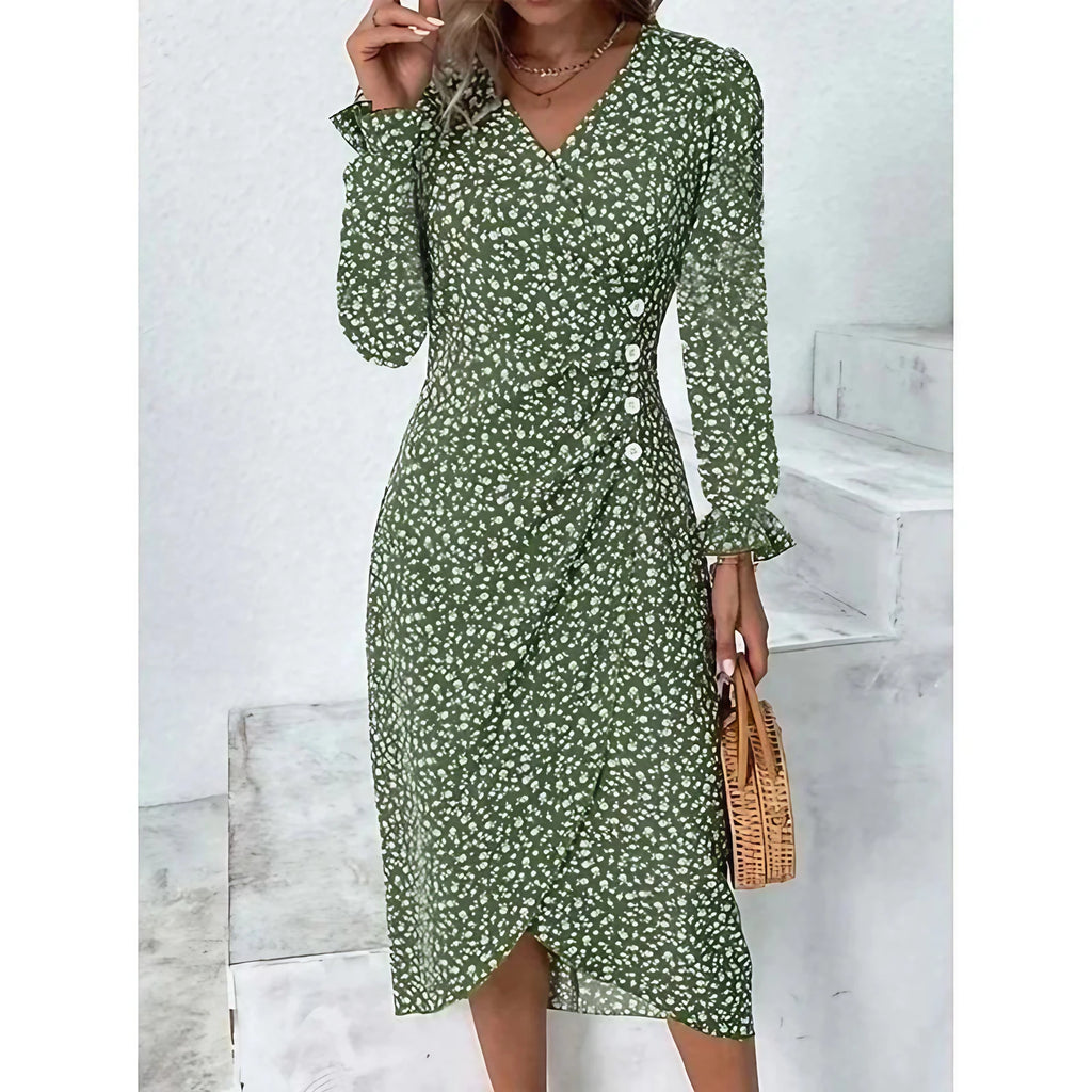 Robe fleurie femme à coupe ajustée, avec ou sans manches longues, vert, manches longues