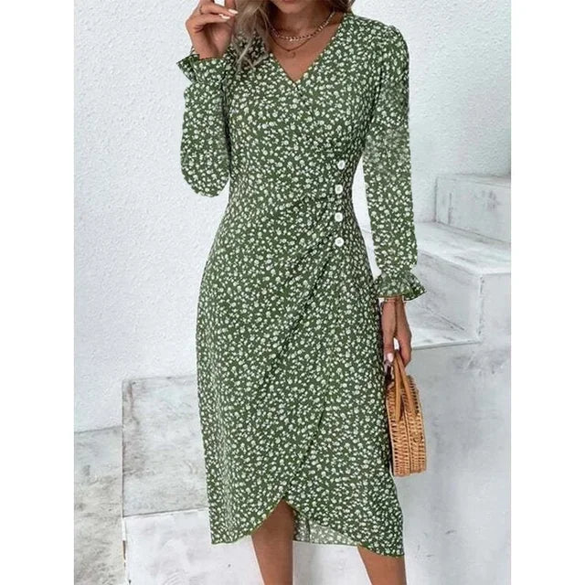 Robe fleurie femme à coupe ajustée, avec ou sans manches longues, vert, manches longues