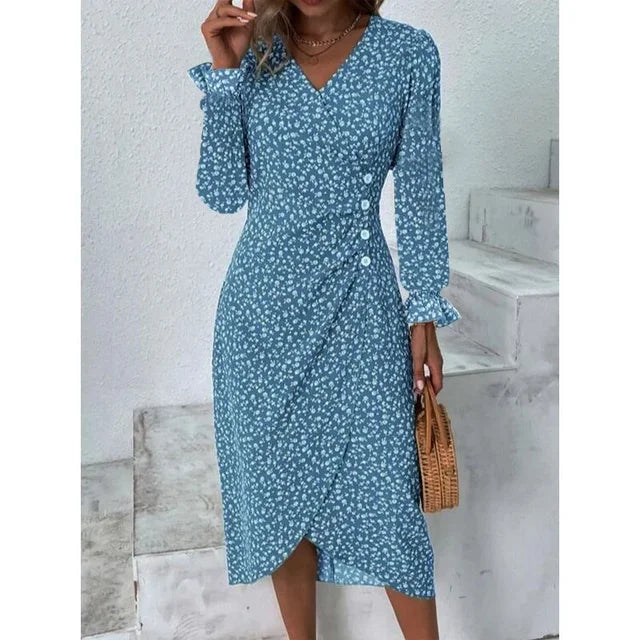 Robe fleurie femme à coupe ajustée, avec ou sans manches longues, bleu, manches longues