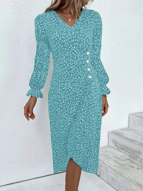 Robe fleurie femme à coupe ajustée, avec ou sans manches longues, bleu clair, manches longues