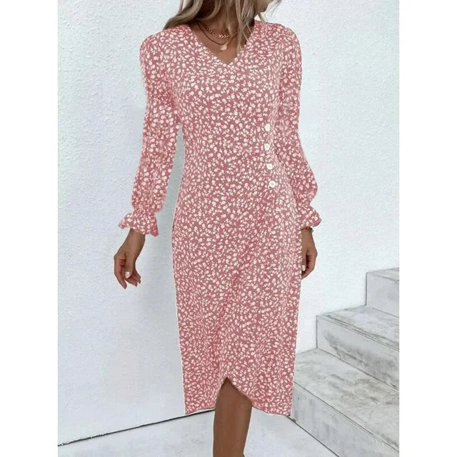 Robe fleurie femme à coupe ajustée, avec ou sans manches longues, rose, manches longues