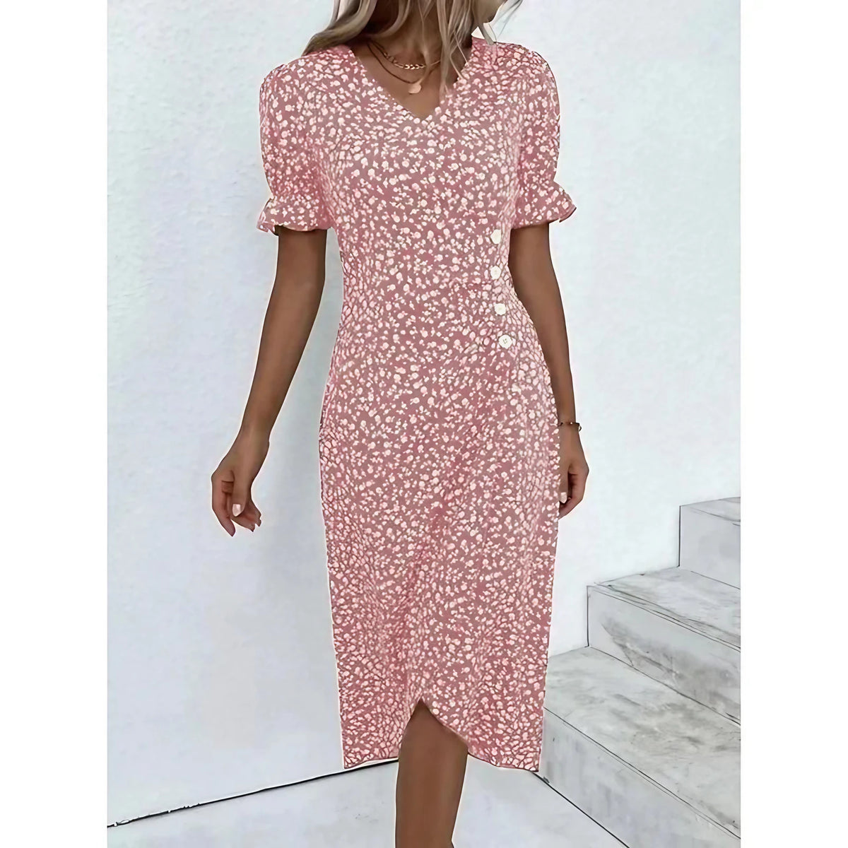 Robe fleurie femme à coupe ajustée, avec ou sans manches longues, rose