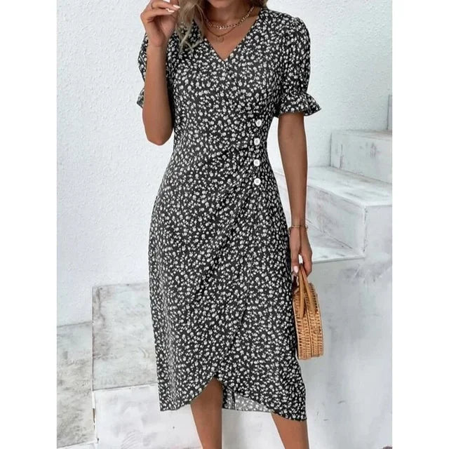 Robe fleurie femme à coupe ajustée, avec ou sans manches longues, noir