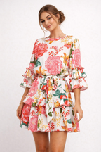 Robe courte fleurie femme à volants, lien noué à la taille, imprimé fleuri
