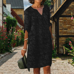 Robe droite col V à fleurs en relief, manches mi-longues, noir