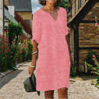 Robe droite col V à fleurs en relief, manches mi-longues, rose